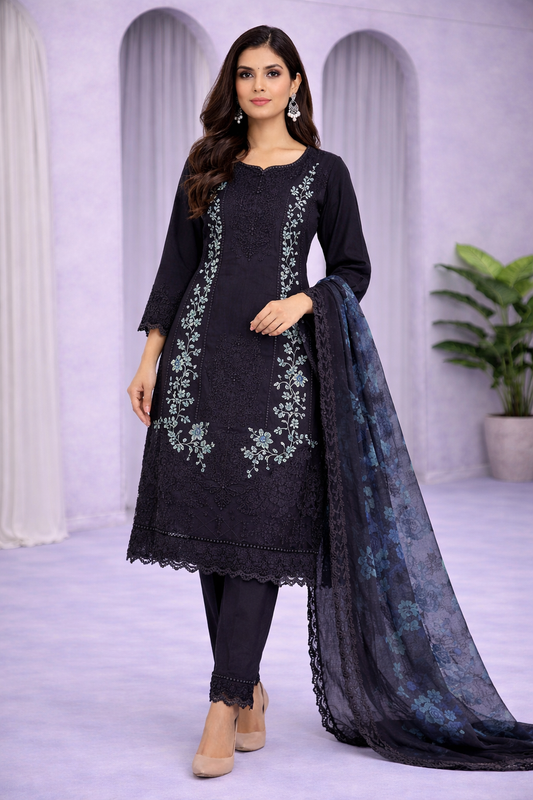 Luxury 3PC Embroidered Suit with Heavy Front & Sleeve Work | Punjab Boutique Jhelum
