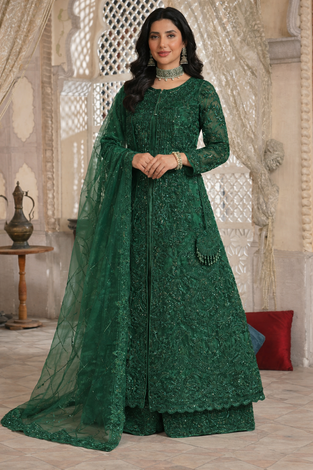 Woman in a green embroidered traditional outfit standing in a decorative room.