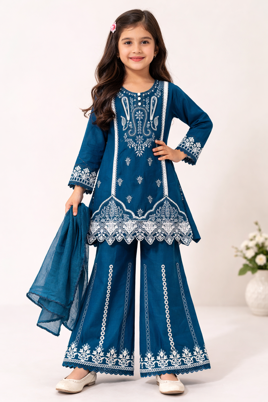 Kids Cotton Embroidered Shirt and Plazo With Chiffon Dupatta