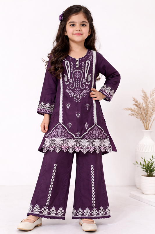 Kids Cotton Embroidered Shirt and Plazo With Chiffon Dupatta