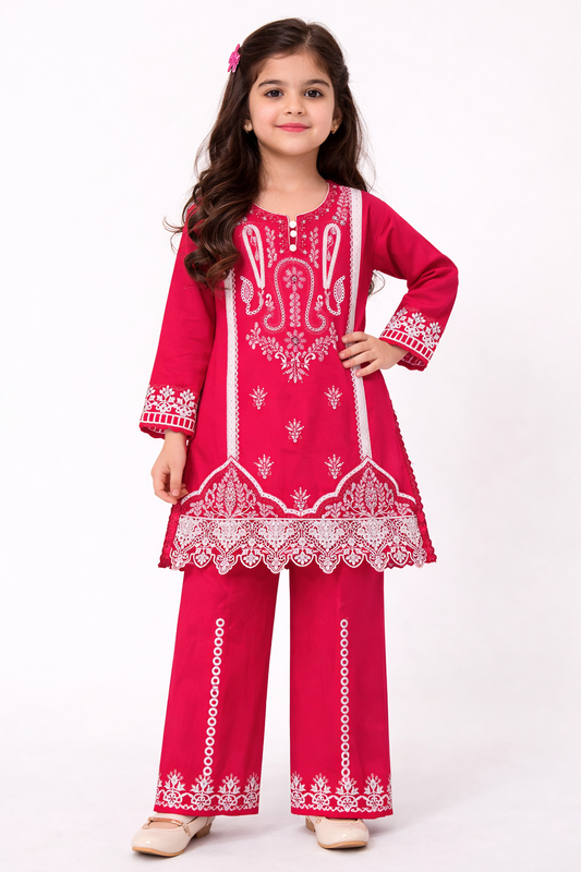 Kids Cotton Embroidered Shirt and Plazo With Chiffon Dupatta