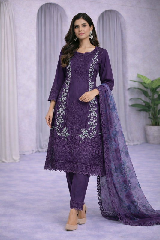 Luxury 3PC Embroidered Suit with Heavy Front & Sleeve Work | Punjab Boutique Jhelum