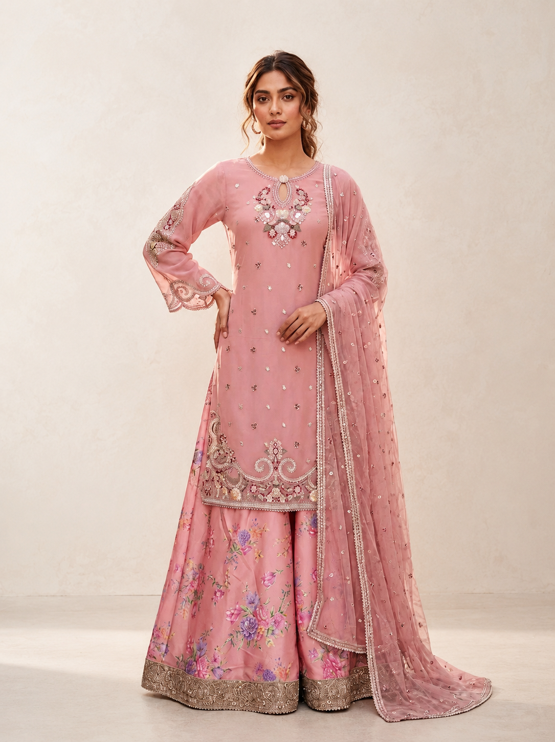 Elegant Pink Embroidered Suit