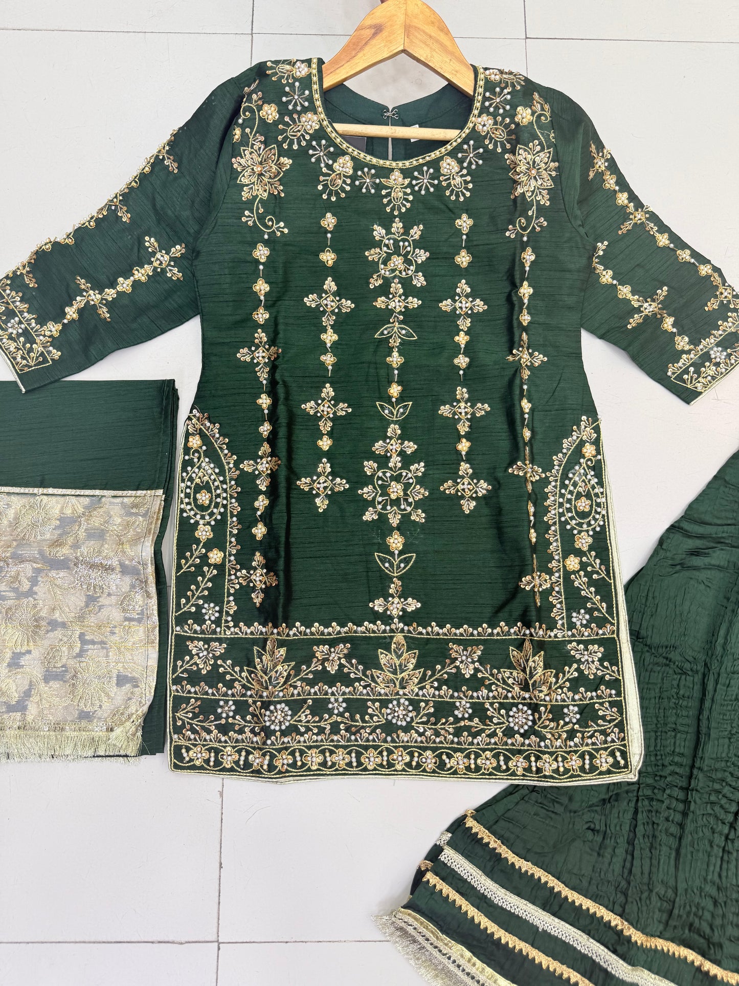 Silk Fabric Shirt With Crush Sharara Beautiful Artical Handmade work on shirt.