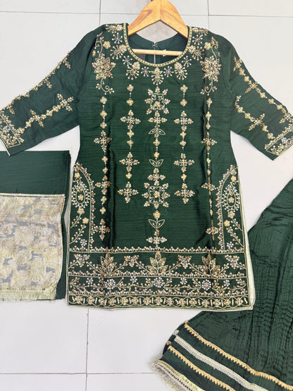 Silk Fabric Shirt With Crush Sharara Beautiful Artical Handmade work on shirt.