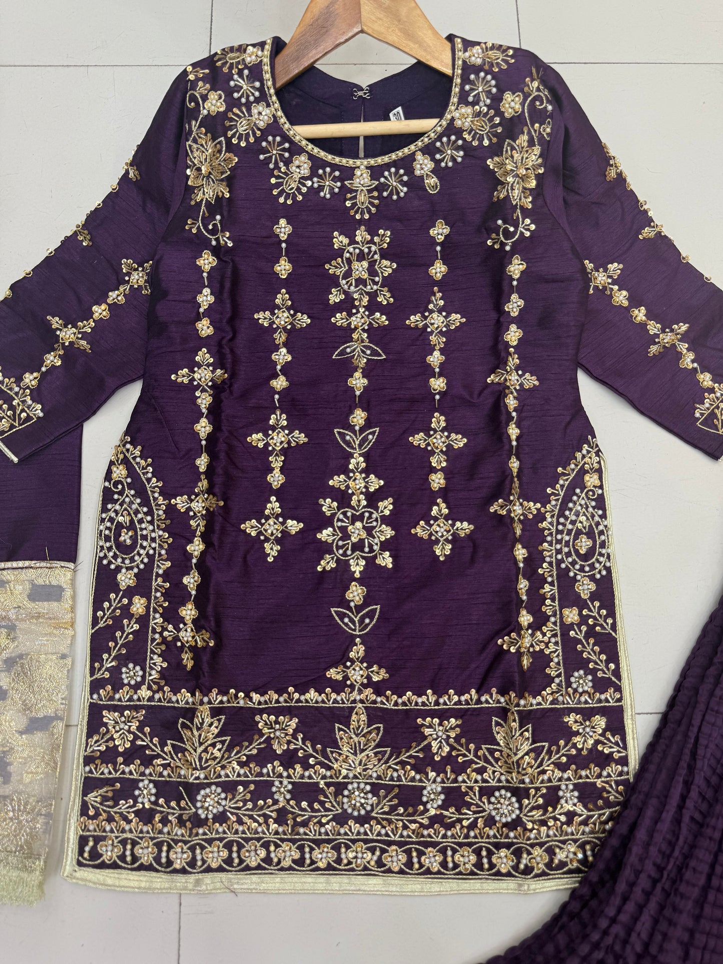 Silk Fabric Shirt With Crush Sharara Beautiful Artical Handmade work on shirt.