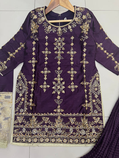 Silk Fabric Shirt With Crush Sharara Beautiful Artical Handmade work on shirt.