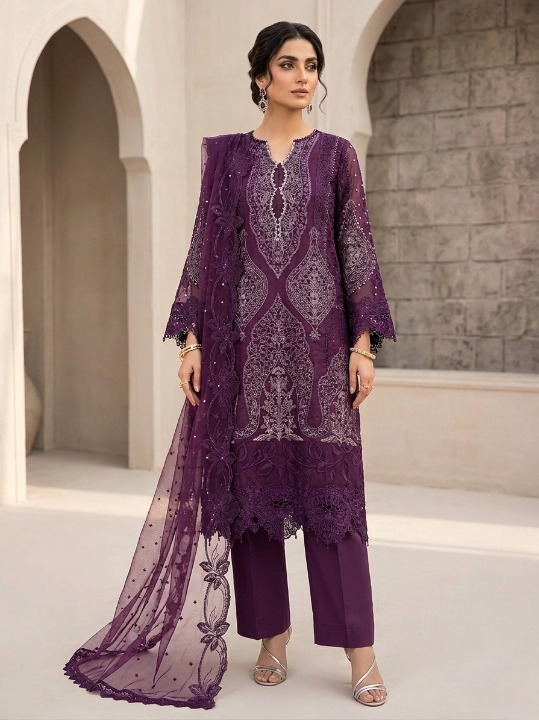 Organza 3pc Embroidered Purple