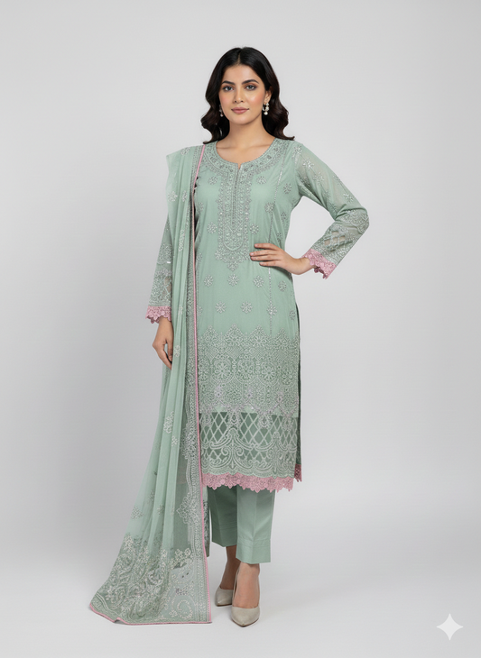 Viscose Chicken Kari Embroidered Shirt with Organza Embroidered Dupatta
