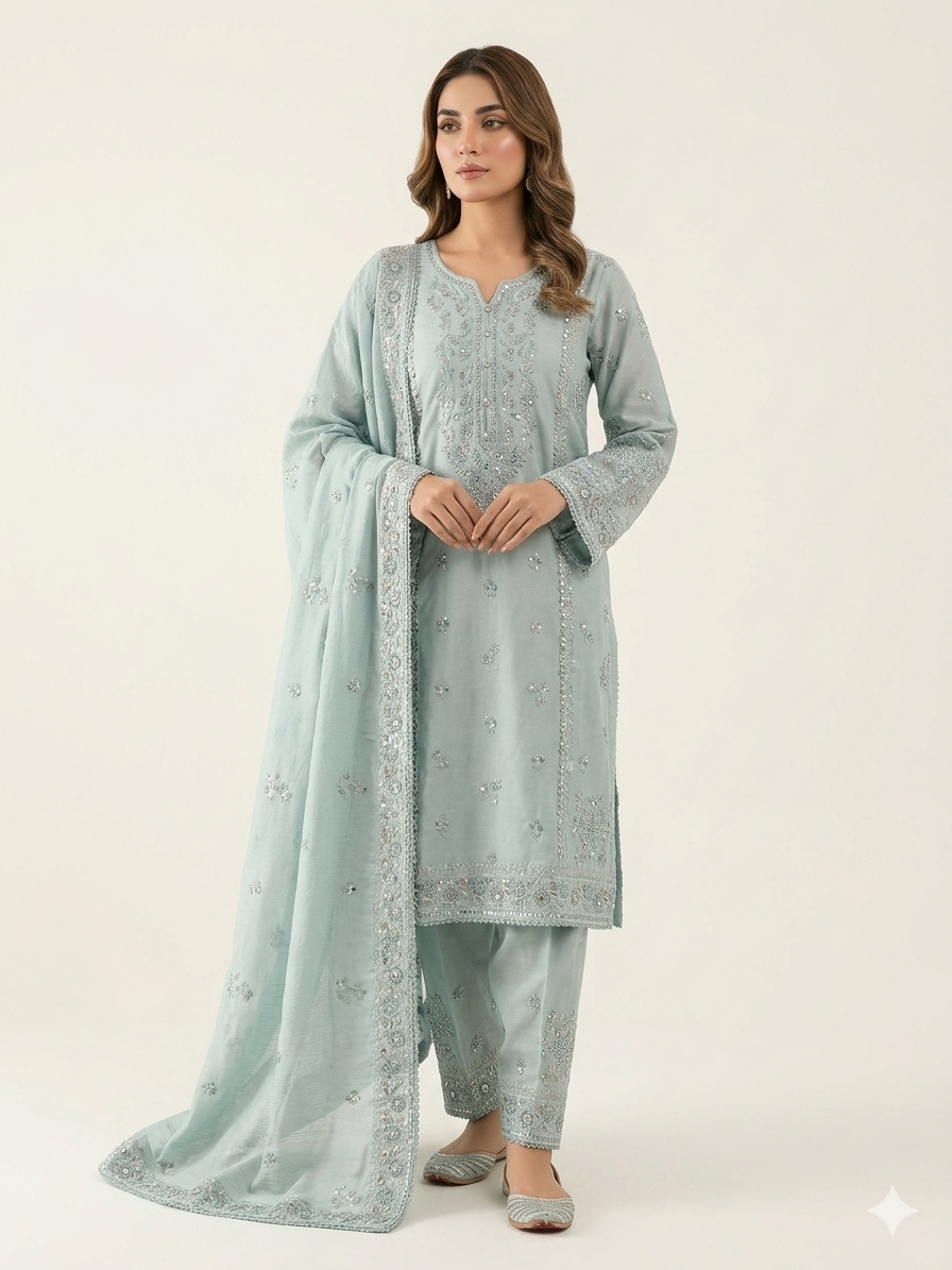 3PC Ready to Wear Viscose Embroidered Suit with Embroidered Dupatta