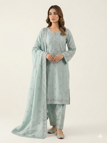 3PC Ready to Wear Viscose Embroidered Suit with Embroidered Dupatta