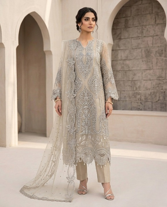 Organza 3pc Embroidered Cream Color