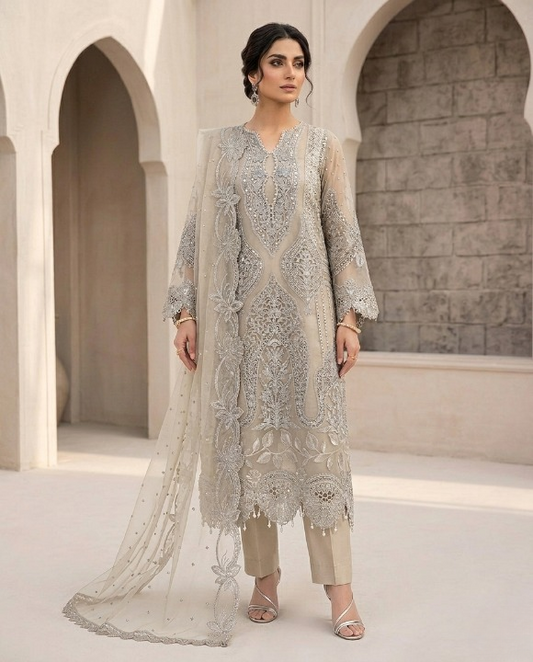 Organza 3pc Embroidered Cream Color