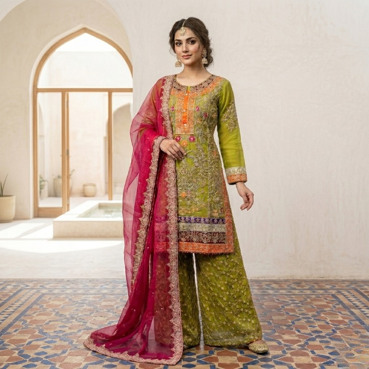 Mehndi Outfit – Organza Hand-Made Work with Tassel Embellishment ✨