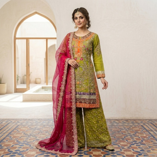Mehndi Outfit – Organza Hand-Made Work with Tassel Embellishment ✨