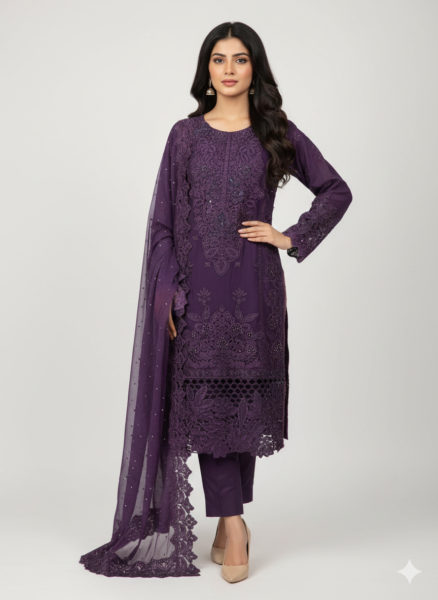 Maria B Inspired Chiffon Dress – 3PC Ready to Wear