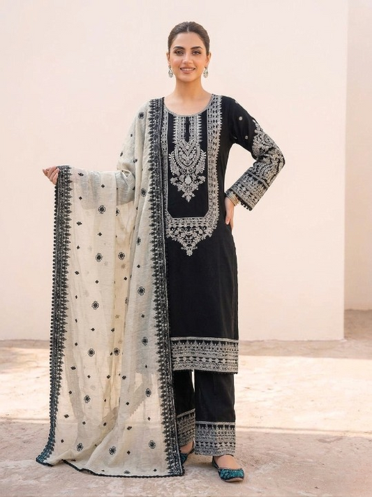 Premium Embroidered 3PC Cotton Suit Black