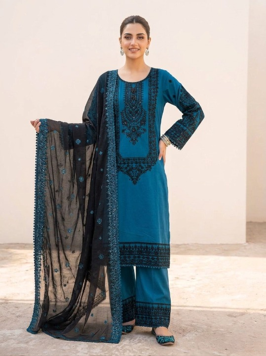 Premium Embroidered 3PC Cotton Suit Zinc
