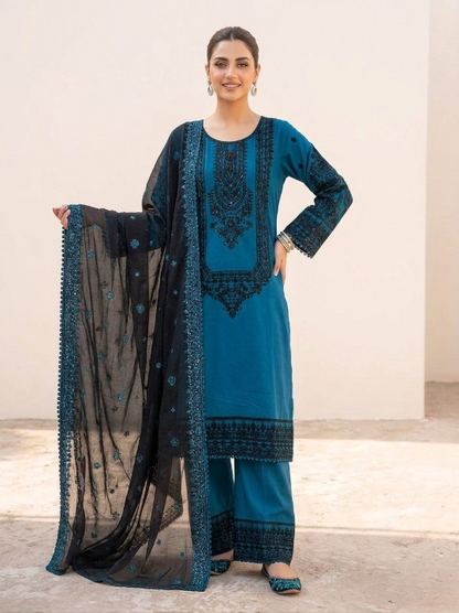 Premium Embroidered 3PC Cotton Suit Zinc