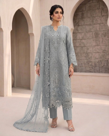 Organza 3pc Embroidered Ice Blue