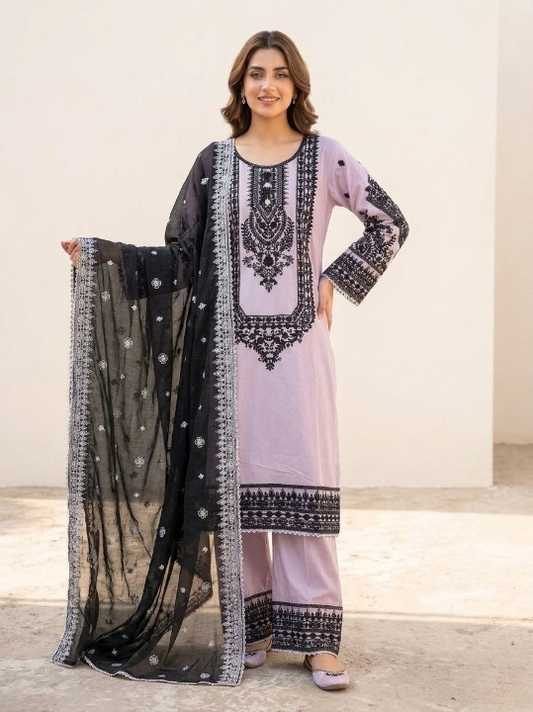 Premium Embroidered 3PC Cotton Suit Lilac