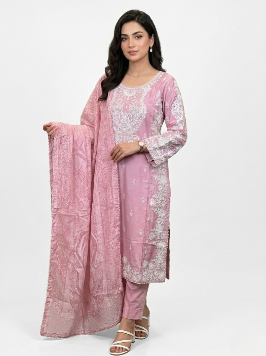 Viscose Beautiful Casual Wear 3 Piece Pink