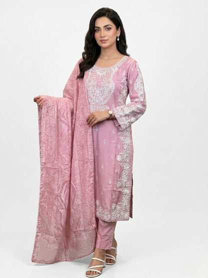 Viscose Beautiful Casual Wear 3 Piece Pink