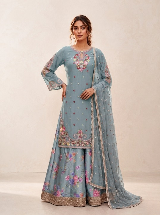 Elegant Blue Embroidered Suit