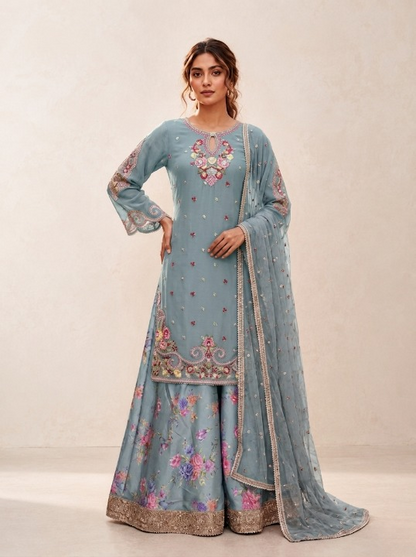 Elegant Blue Embroidered Suit