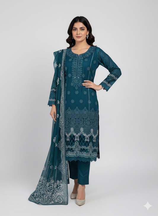 Viscose Chicken Kari Embroidered Shirt with Organza Embroidered Dupatta (Copy)