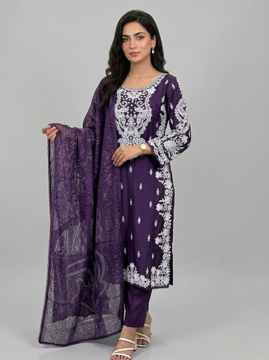 Viscose Beautiful Casual Wear 3 Piece Purple