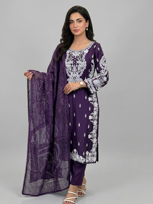 Viscose Beautiful Casual Wear 3 Piece Purple