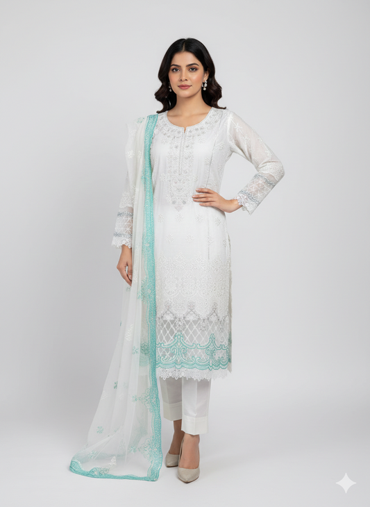 Viscose Chicken Kari Embroidered Shirt with Organza Embroidered Dupatta