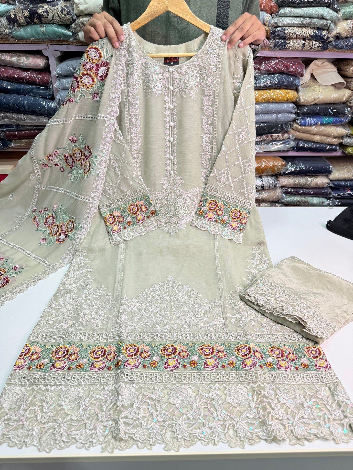 MARIAH B. Chiffon Fabric Long Shirt Heavy Embroidered Dupatta Dress 2025