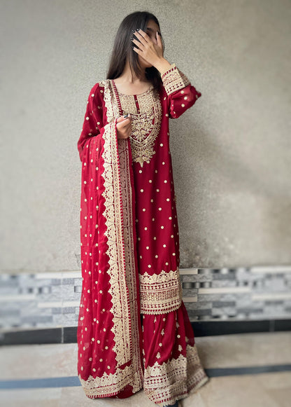 CHIFFON FABRIC 3-piece Long Embroidered Shirt With Ghrara