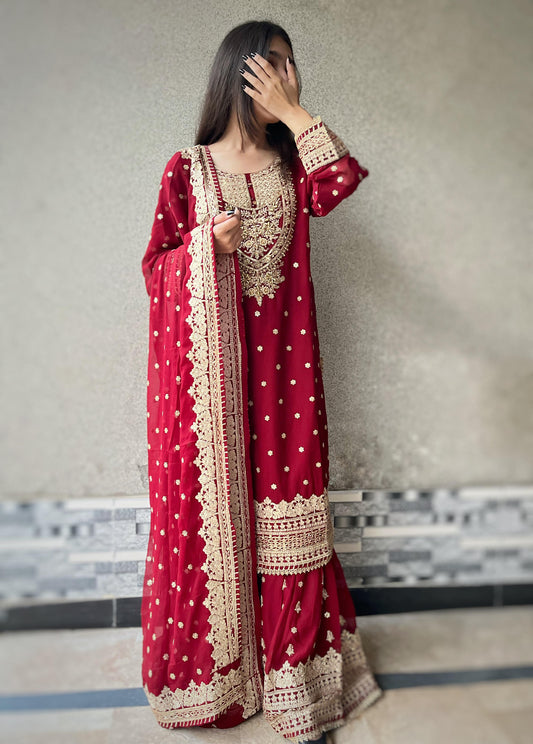 CHIFFON FABRIC 3-piece Long Embroidered Shirt With Ghrara