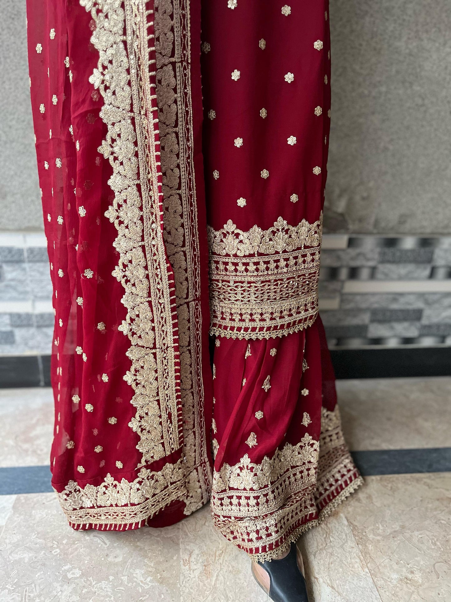 CHIFFON FABRIC 3-piece Long Embroidered Shirt With Ghrara