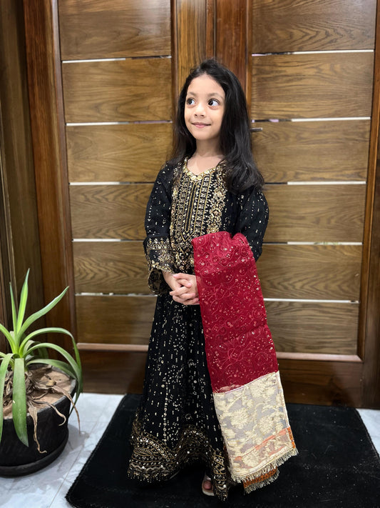 Elegant Heavy Embroidered Chiffon Dress for Kids – 3-Piece Set