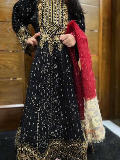 Elegant Heavy Embroidered Chiffon Dress for Kids – 3-Piece Set