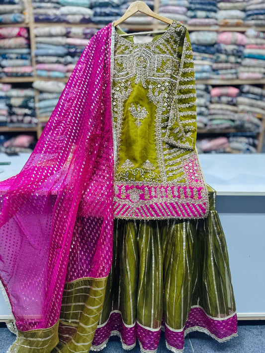 Elegant 3-Piece Embroidered Sharara Suit – Punjab Boutique Jhelum