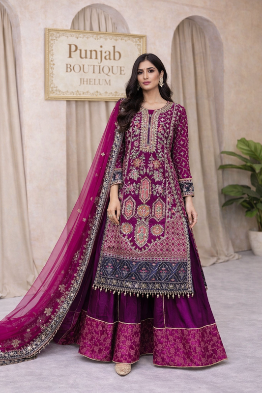 Elegant 3-Piece Embroidered Sharara Suit – Punjab Boutique Jhelum