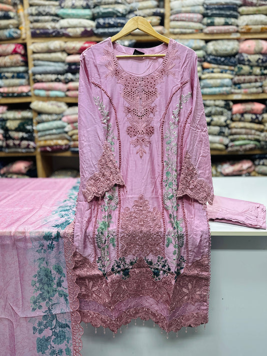Luxury 3PC Embroidered Suit with Heavy Front & Sleeve Work | Punjab Boutique Jhelum