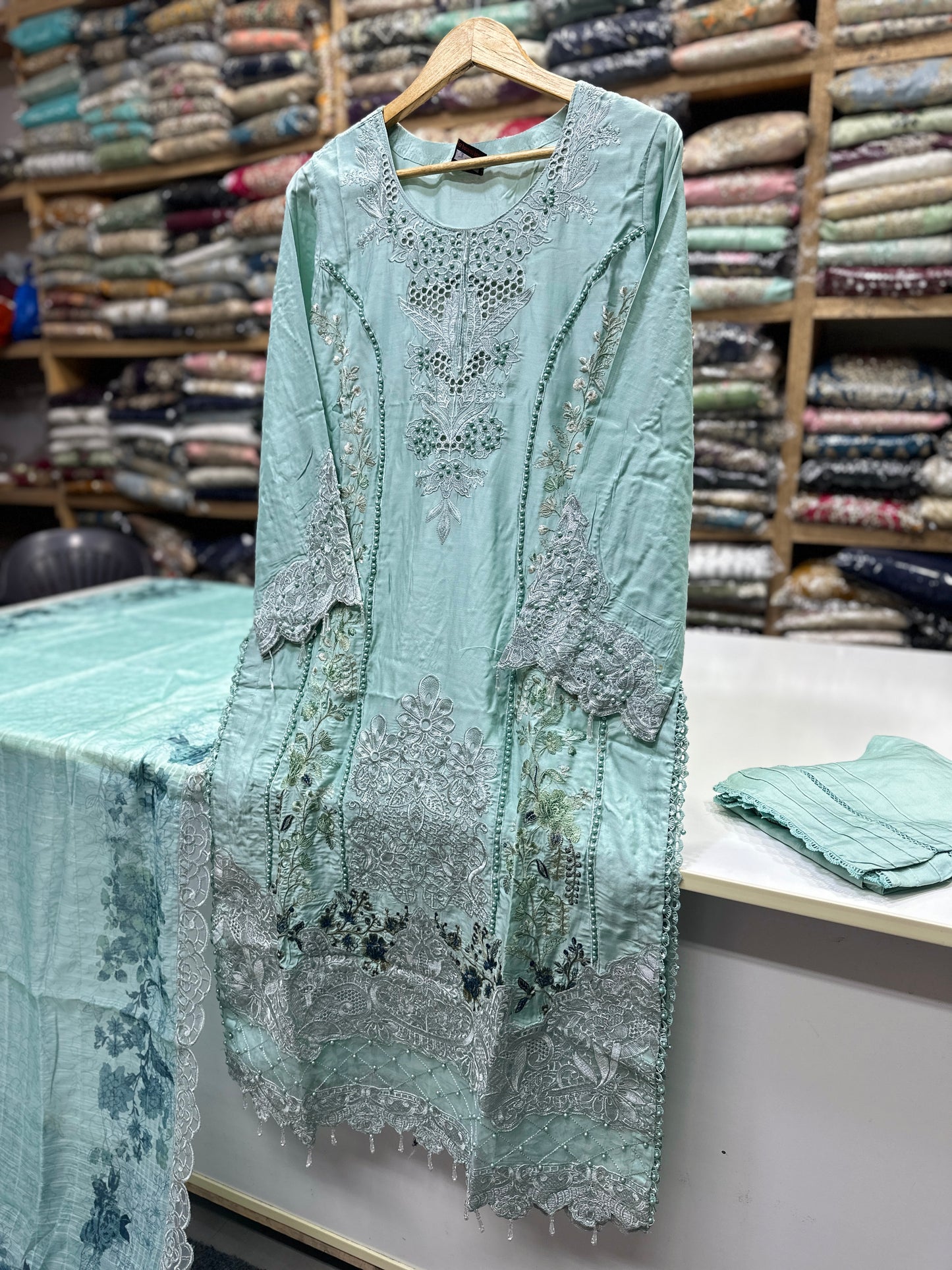 Luxury 3PC Embroidered Suit with Heavy Front & Sleeve Work | Punjab Boutique Jhelum