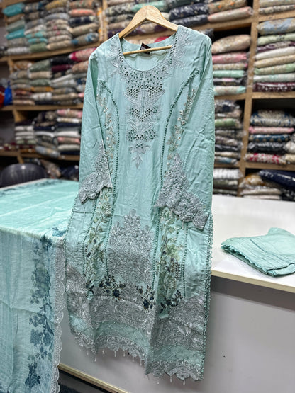 Luxury 3PC Embroidered Suit with Heavy Front & Sleeve Work | Punjab Boutique Jhelum