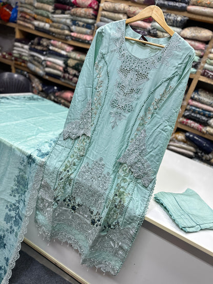 Luxury 3PC Embroidered Suit with Heavy Front & Sleeve Work | Punjab Boutique Jhelum