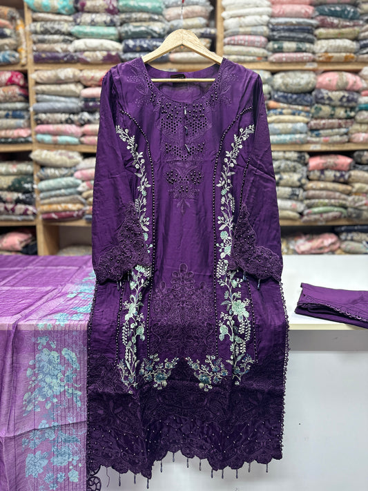 Luxury 3PC Embroidered Suit with Heavy Front & Sleeve Work | Punjab Boutique Jhelum