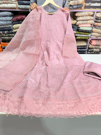 KHADDI COTTON FABRIC Long Frock With Heavy Embroidered Organza Fabric Dupatta Collection 2025