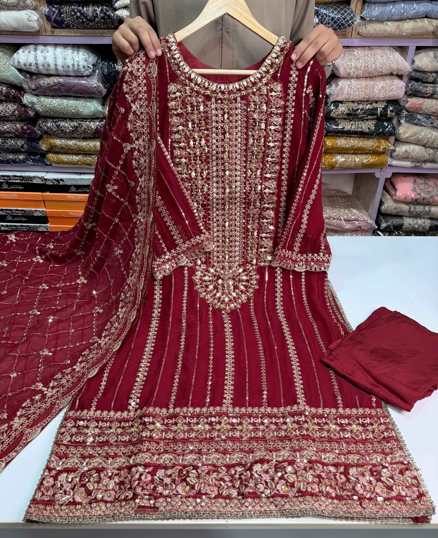 CHIFFON FABRIC With Heavy Embroudiery Beautiful 3 Piece Dress