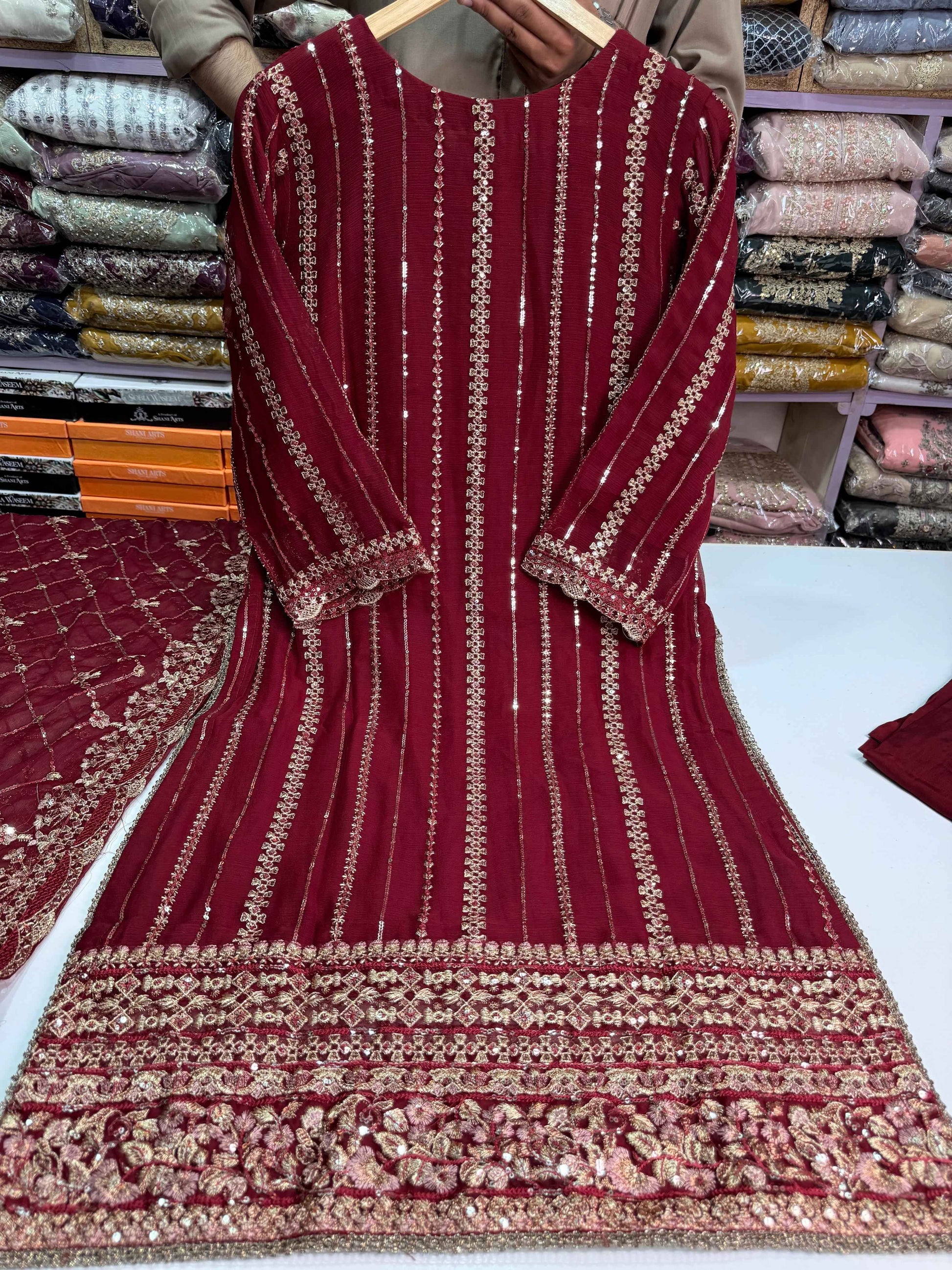 CHIFFON FABRIC With Heavy Embroudiery Beautiful 3 Piece Dress
