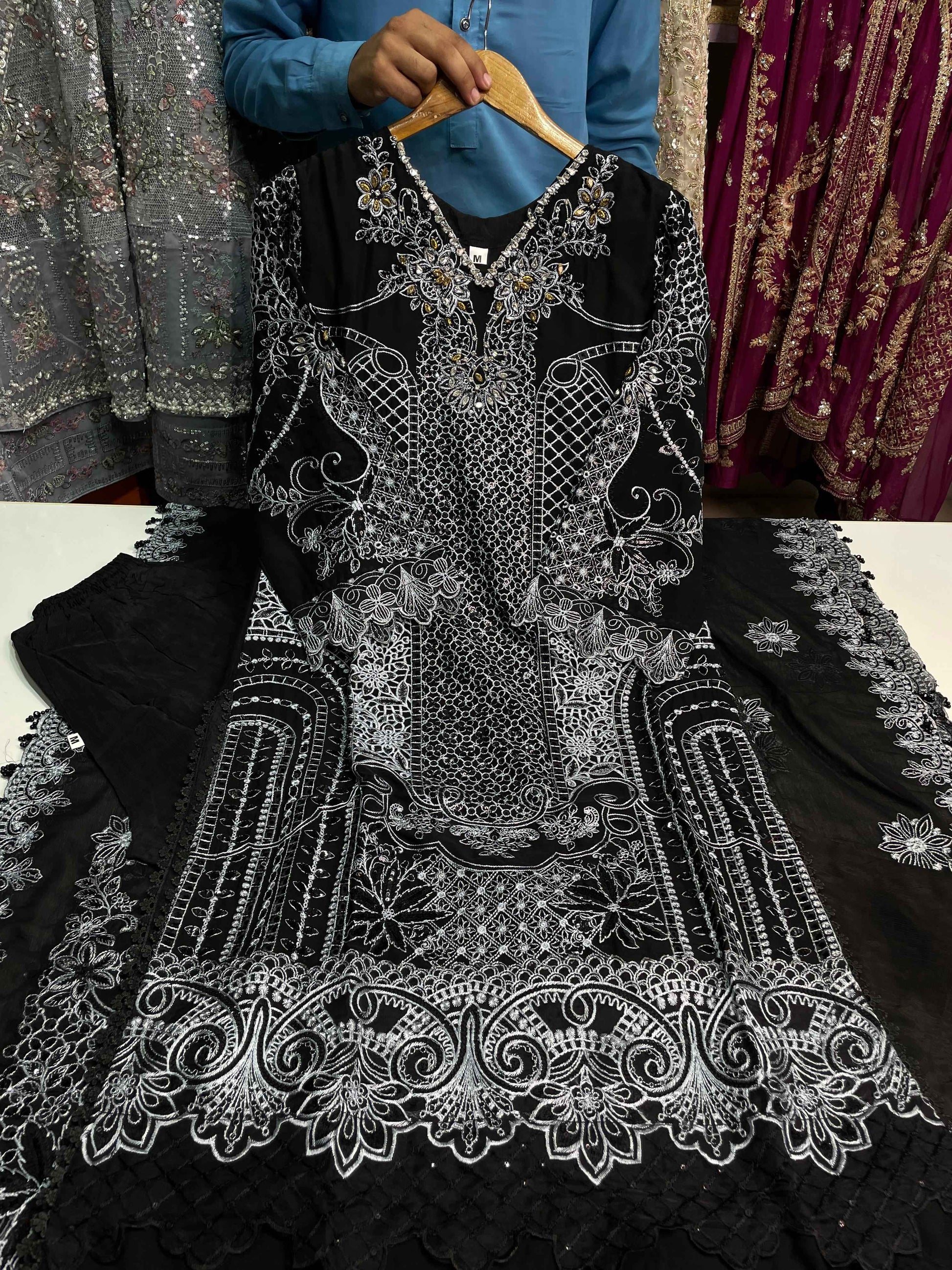 Designer Chiffon 3-Piece Heavy Embroidered Wedding Outfit
